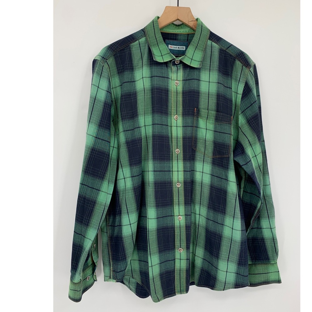 32 Bar Blues Button Down Shirt Mens Large Green Plaid Long Sleeve 100% Cotton